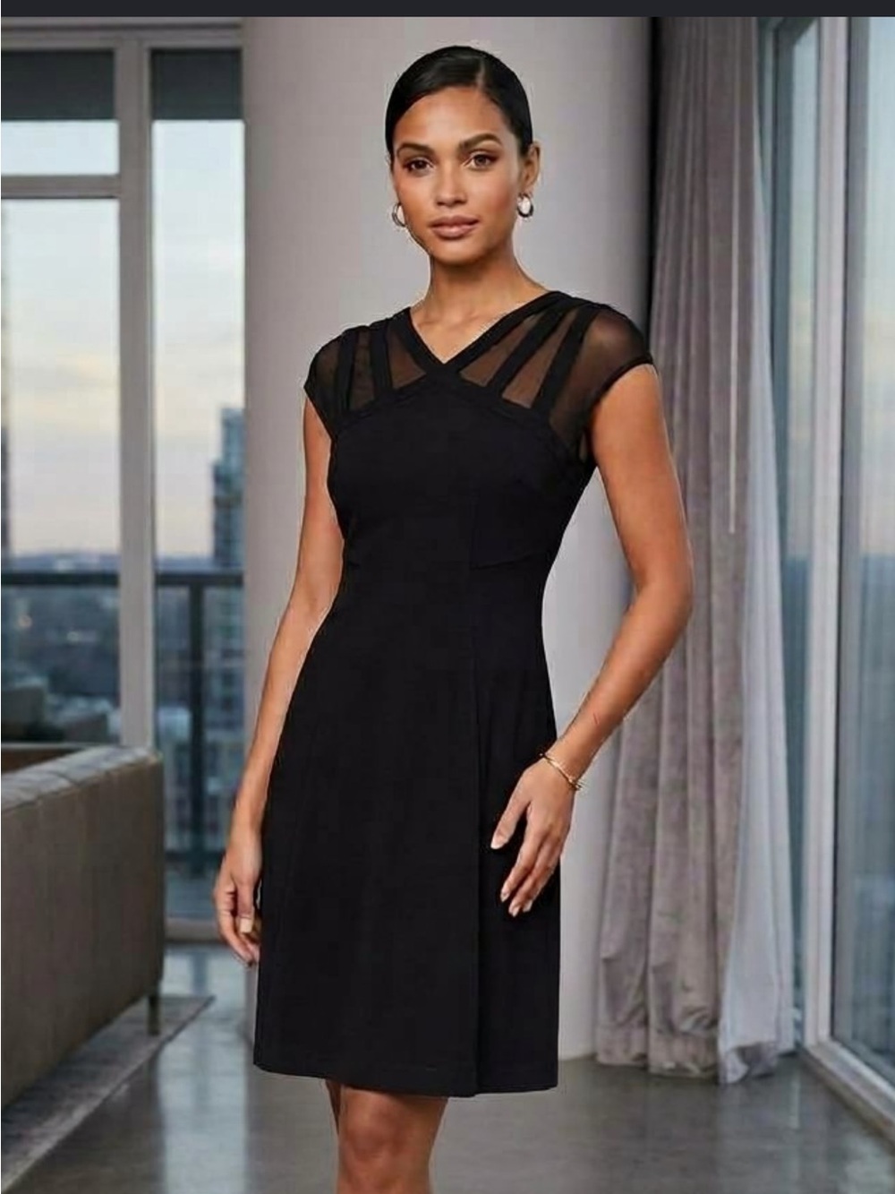 Catherine Malandrino Elegant Black Cap-Sleeve Fit & Flare Dress W pockets Sz 10